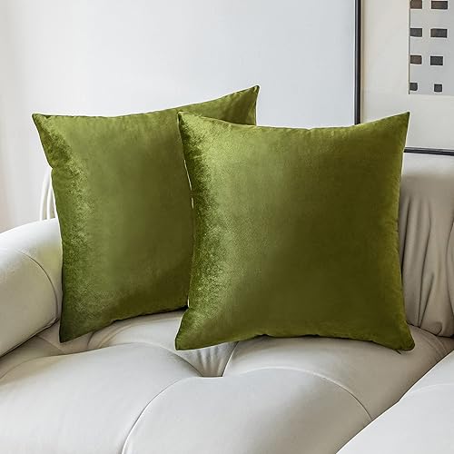 Demetex Green Pillow Covers 18x18 Soft Luxury Velvet Throw Pillows for Couch Square Decorative Olive Accent Pillow Covers for So