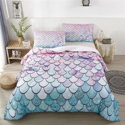 RYNGHIPY 2Pcs Colorful Mermaid Scale Print Comforter Bedding Set Twin Size, Soft Microfiber Coverlet Set/Bedspread/Quilt Set wit