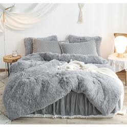 HAIHUA Gray Luxury Fluffy Shaggy Duvet Cover,Cute Faux Fur Comforter Set (1 Faux Fur Duvet Cover + 2 Faux Fur Velvet Pillow Case