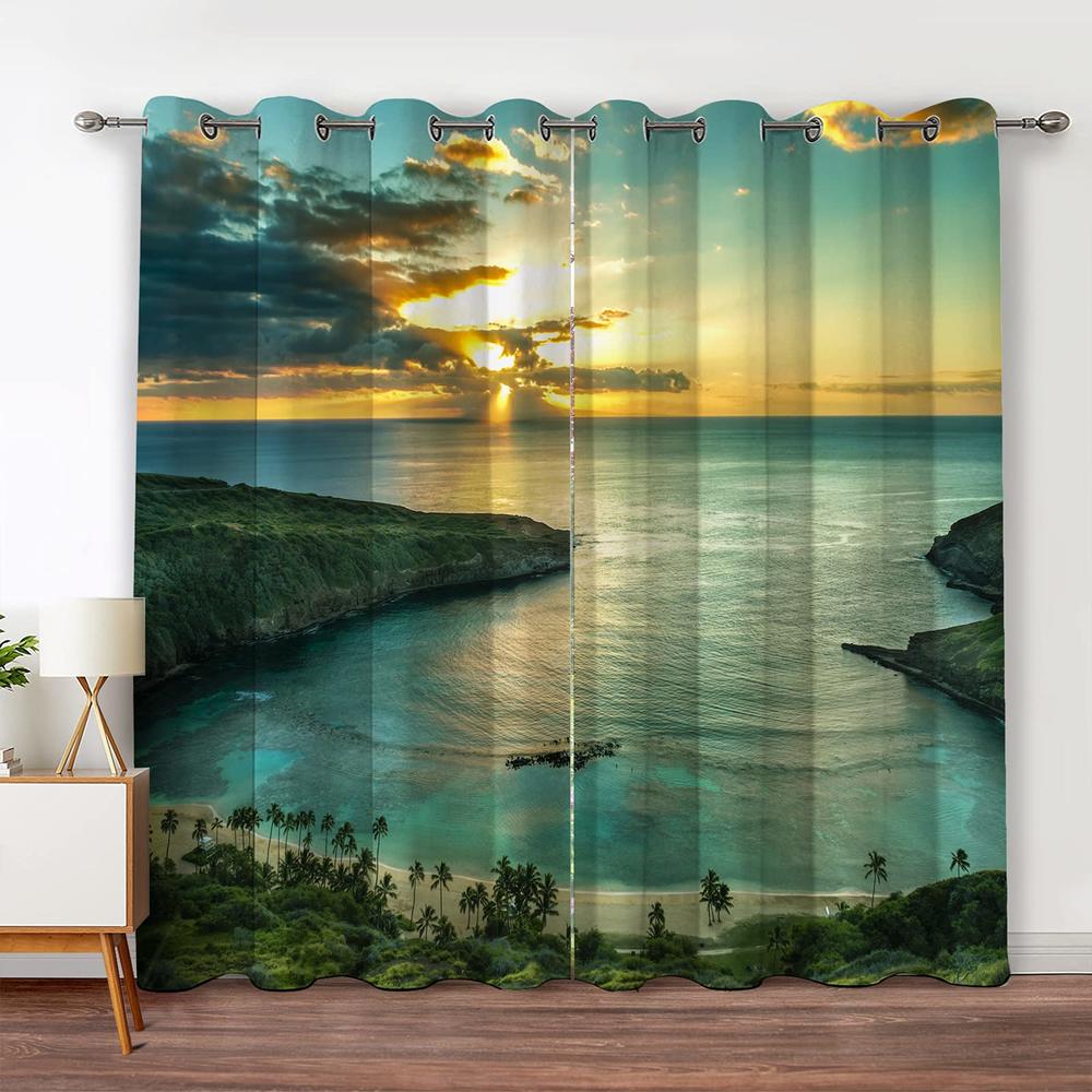 Jekeno Ocean Beach Blackout Curtains Ocean Morning Sunrise Decor for Bedroom Living Room with Hawaiian Seaside Scene Island Gree