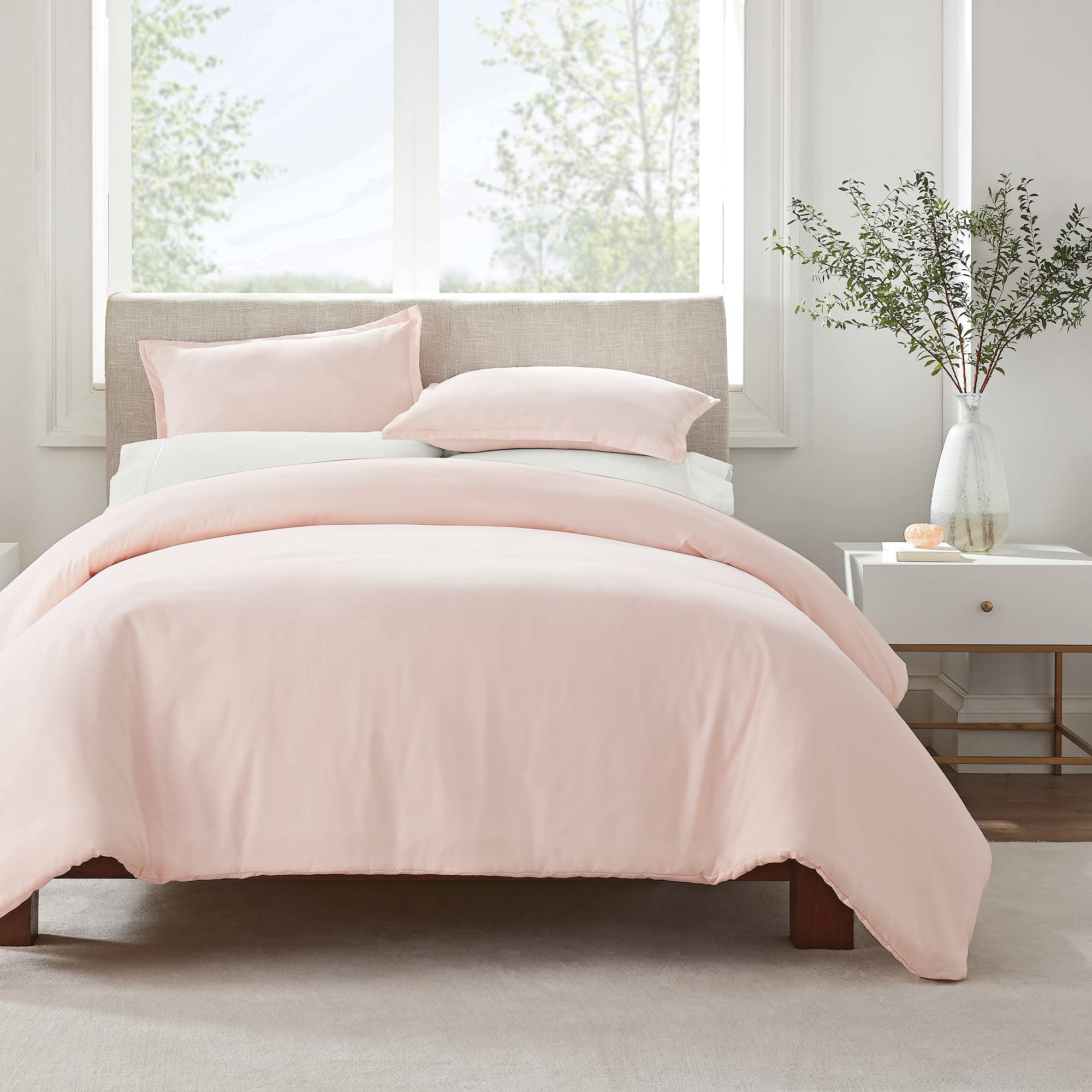 SERTA Simply Clean Ultra Soft Hypoallergenic Stain Resistant 2 Piece Solid Duvet Cover Set, Blush, Twin/Twin XL