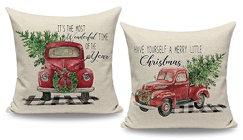 CARRIE HOME Vintage Christmas Red Truck Green Tree Throw Pillow Covers 20x20 Set of 2 Outdoor Christmas Pillows for Sofa Couch F