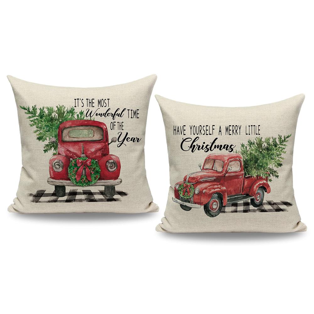 CARRIE HOME Vintage Christmas Red Truck Green Tree Throw Pillow Covers 20x20 Set of 2 Outdoor Christmas Pillows for Sofa Couch F