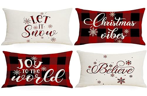Artmag 12x20 Christmas Pillow Covers, Decorative Farmhouse Christmas Vibes Believe Buffalo Plaid Let it Snow Christmas Outdoor P