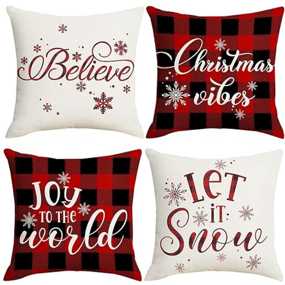 Artmag 18x18 Christmas Pillow Covers, Decorative Farmhouse Christmas Vibes Believe Buffalo Plaid Let it Snow Christmas Outdoor P