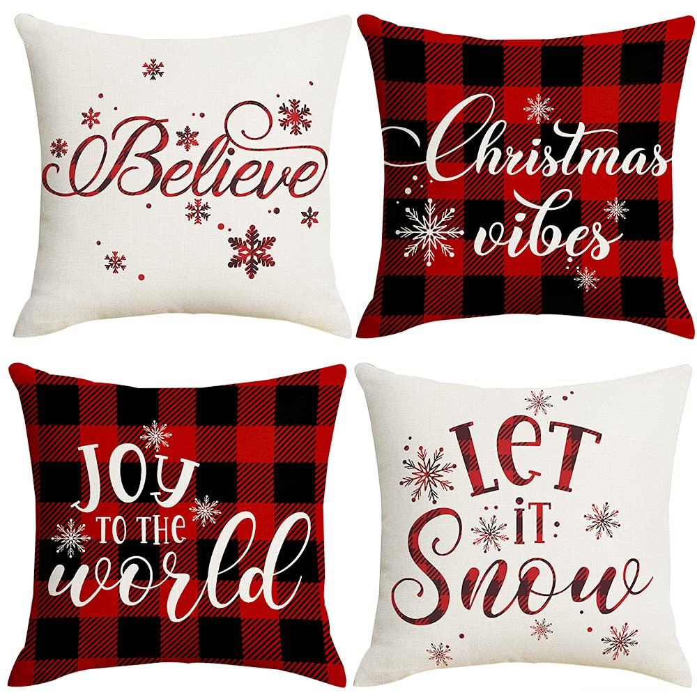 Artmag 20x20 Christmas Pillow Covers, Decorative Farmhouse Christmas Vibes Believe Buffalo Plaid Let it Snow Christmas Outdoor P
