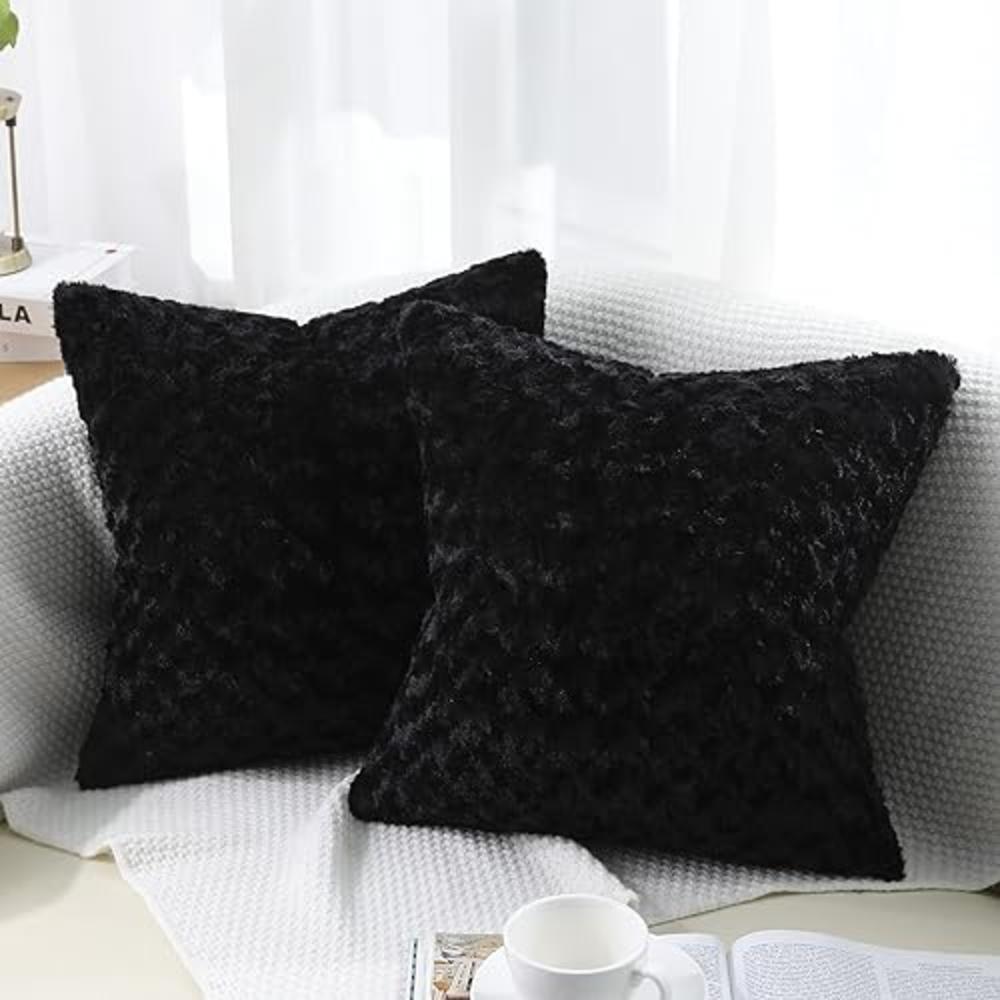 Cikary Black Fur Throw Pillow Covers 3D Rose Pattern Set of 2 18x18 Inch Fluffy Decorative Pillow Covers for Couch Bed Sofa