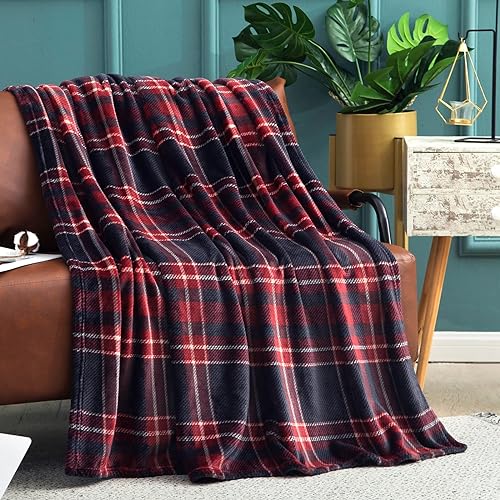 Vessia Flannel Fleece Throw Blanket(50X70 Inch, Red Plaid), Lightweight Red and Black Plaid Throw Blanket for Couch, Warm Cozy S