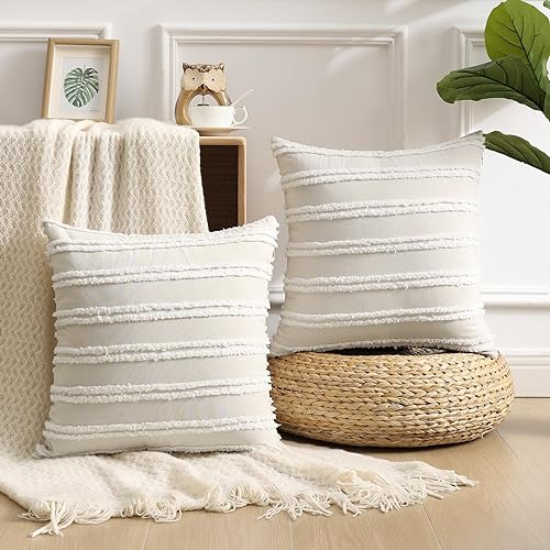 Pallene Boho Decorative Throw Pillow Covers, Neutral Striped Pillow Covers 18X18 Set of 2, Beige Cotton Linen Pillow Covers for 