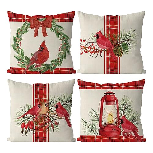 GAGEC Christmas Pillow Covers 20 x 20 Inch Set of 4 Christmas Cardinal Red Buffalo Check Farmhouse Throw Pillowcase Party Decora