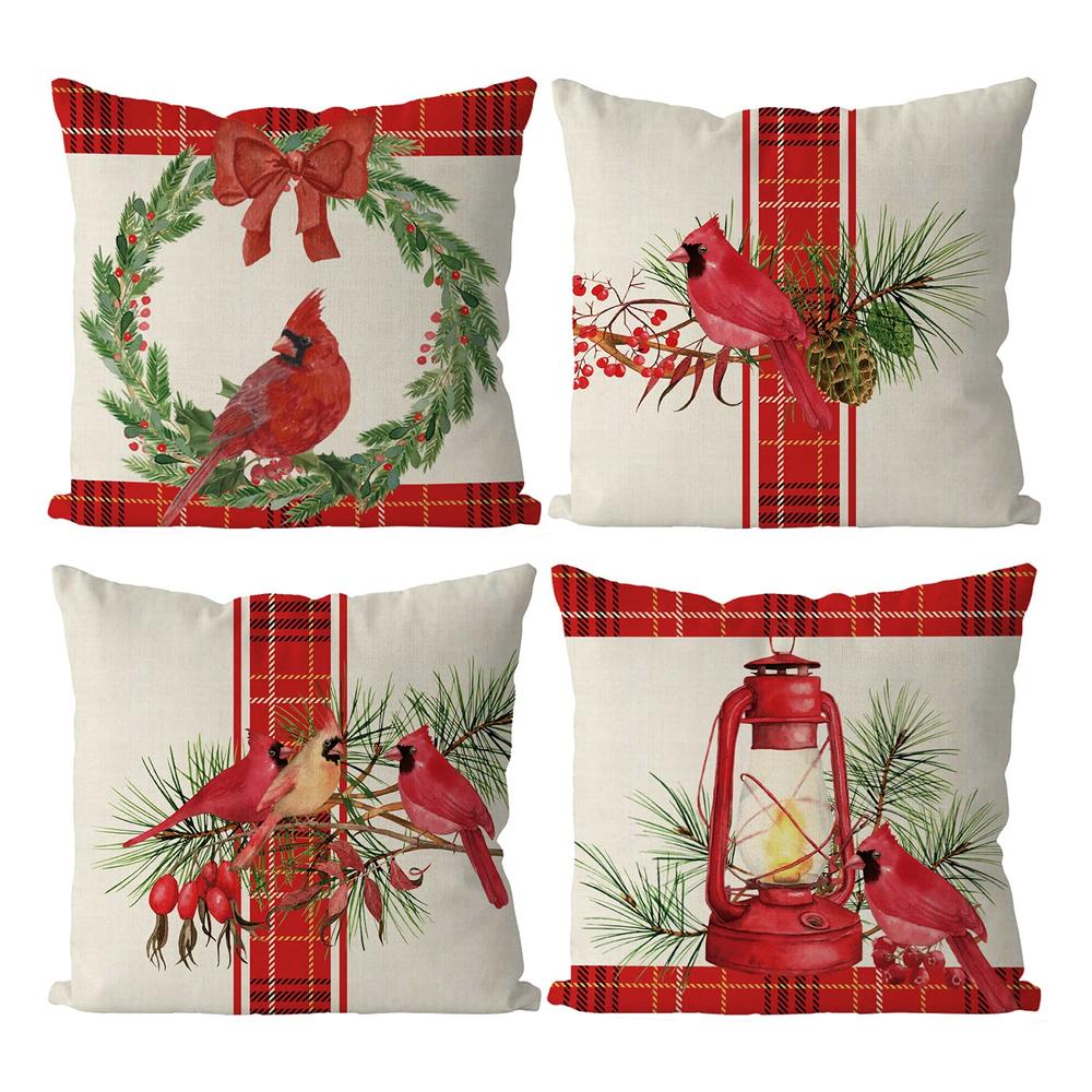 GAGEC Christmas Pillow Covers 20 x 20 Inch Set of 4 Christmas Cardinal Red Buffalo Check Farmhouse Throw Pillowcase Party Decora