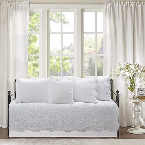 Cozy Line Home Fashions 6 Piece Daybed Cover Set, White Matelasse Medallion Embossed with Scalloped Edges, All Season Luxury Bed