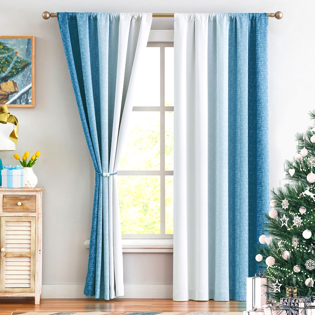 Geomoroccan Ombre Full Blackout Curtains 54 Inches Length, Blue and White 2 Tone Reversible Christmas Window Treatments for Bedroom Living R