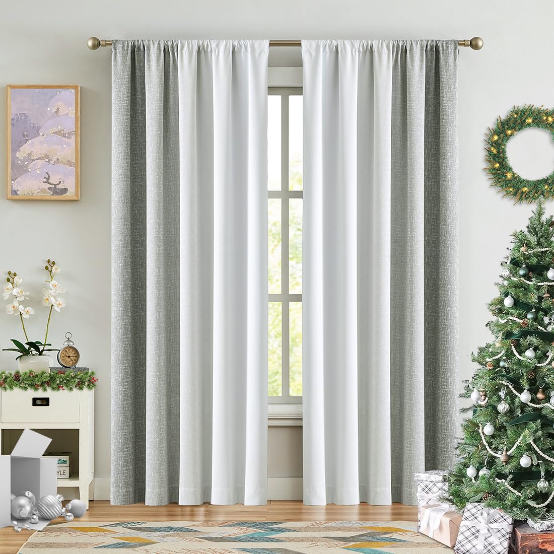 Geomoroccan Ombre Full Blackout Curtains 108 Inches Long, Grey and White Christmas Window Treatments for Bedroom Living Room, Li