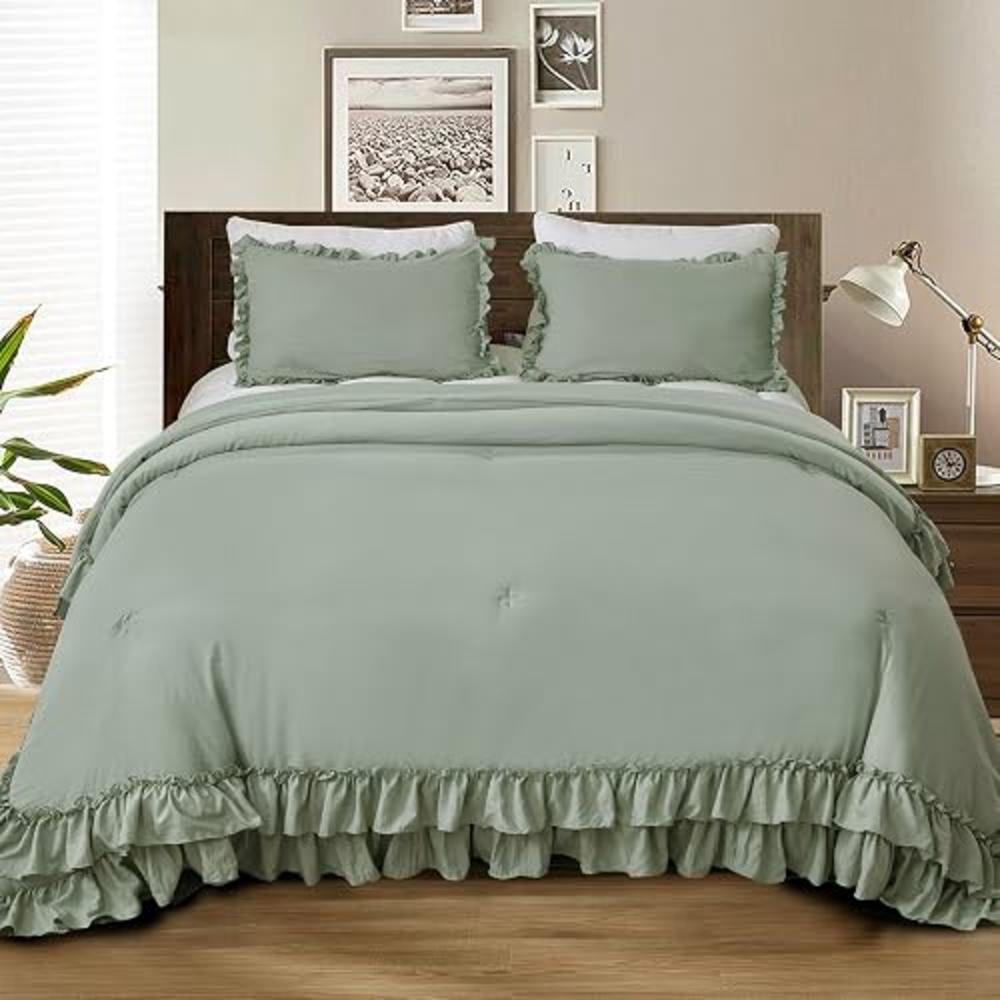 Green Ruffle Comforter Masaca Sage Green Ruffled Comforter King Size,Farmhouse Shabby Ruffle ...