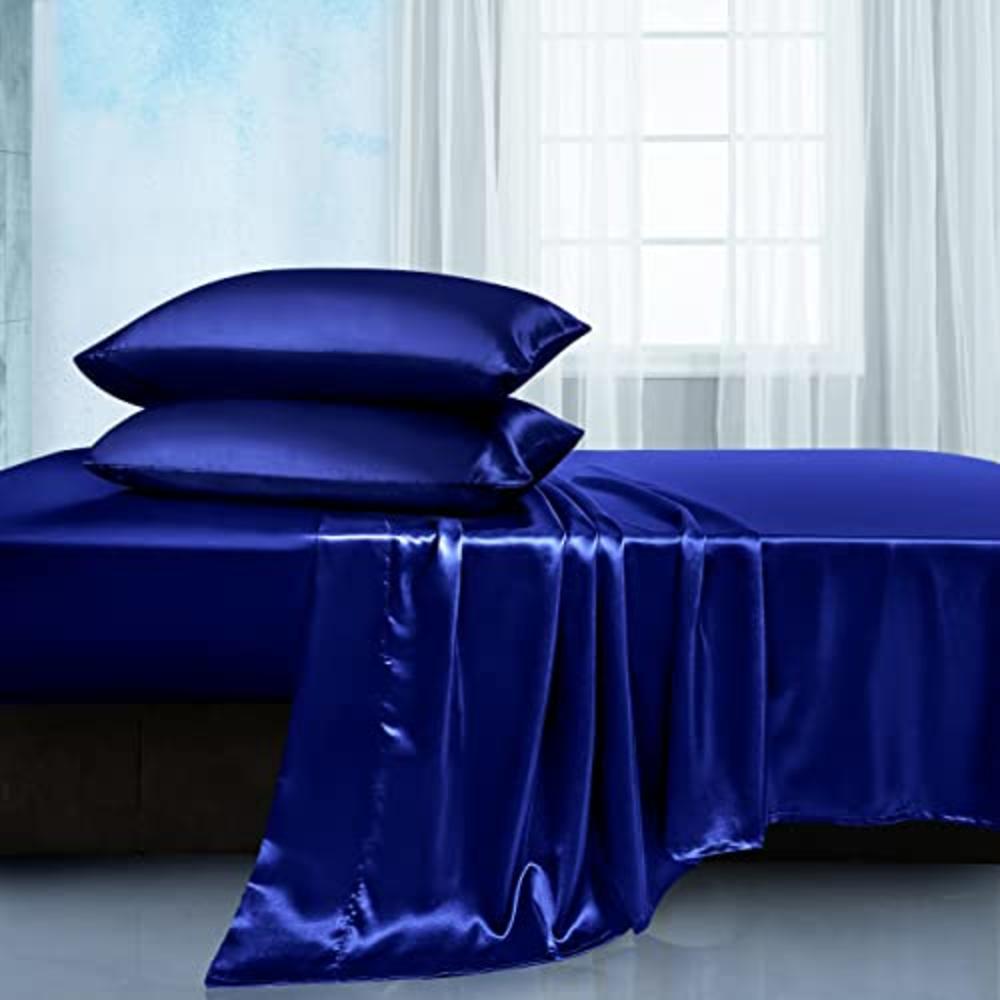 Manyshofu Satin Full Sheets Set 4 Piece - Soft Silky Satin Sheets Set, Royal Blue Satin Bed Sheets Cooling & Luxury Bedding Shee