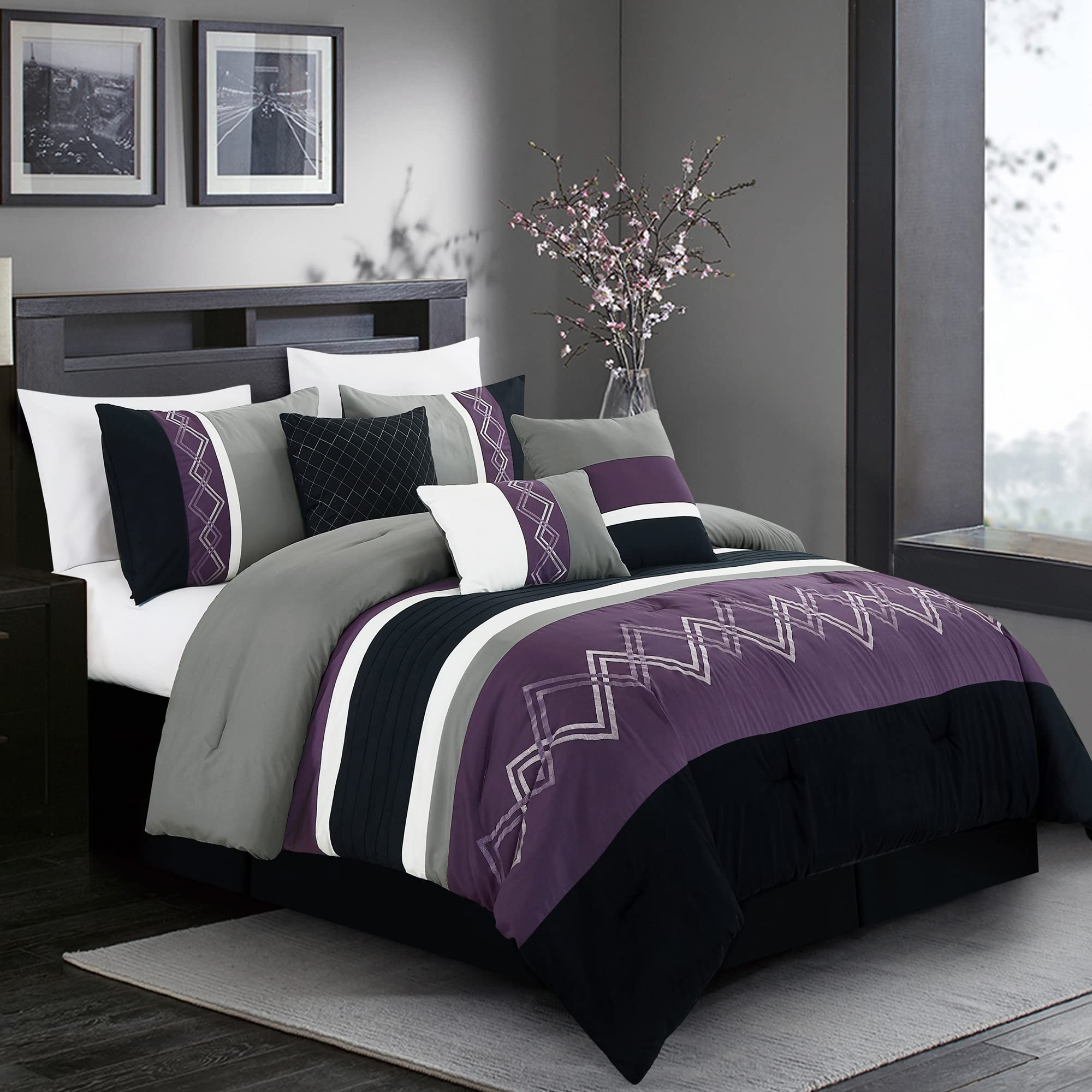 Chezmoi Collection Arden 7-Piece Modern Pleated Stripe Embroidered Zigzag  Bedding Comforter Set (King Purple/Black/Gray/White), image size:2000x2000