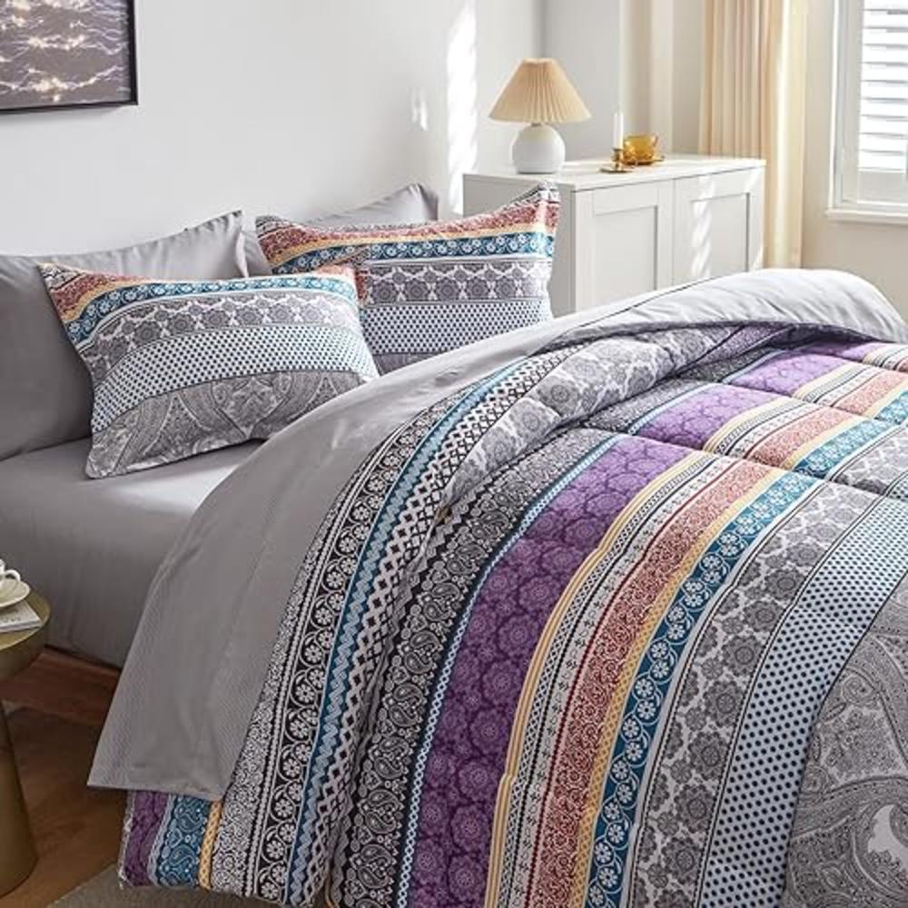 Flysheep Bohemian Bed in a Bag 6 Pieces Twin Size, Colorful Boho Purple Orange Gray Stripes Reversible Bed Comforter Set (1 Comf