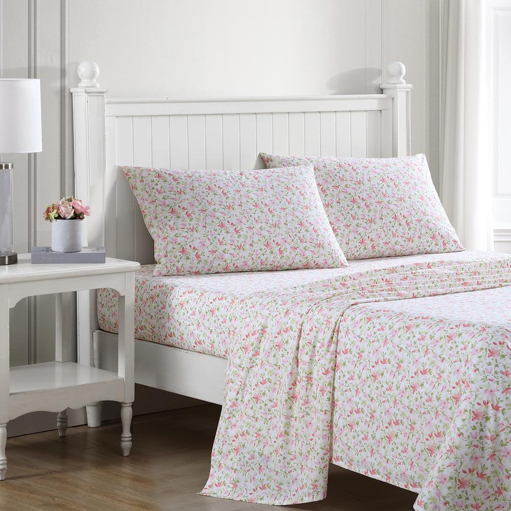 Laura Ashley - Full Sheets, Cotton Percale Bedding Set, Crisp & Cool Home Decor (Norella Pink, Full)
