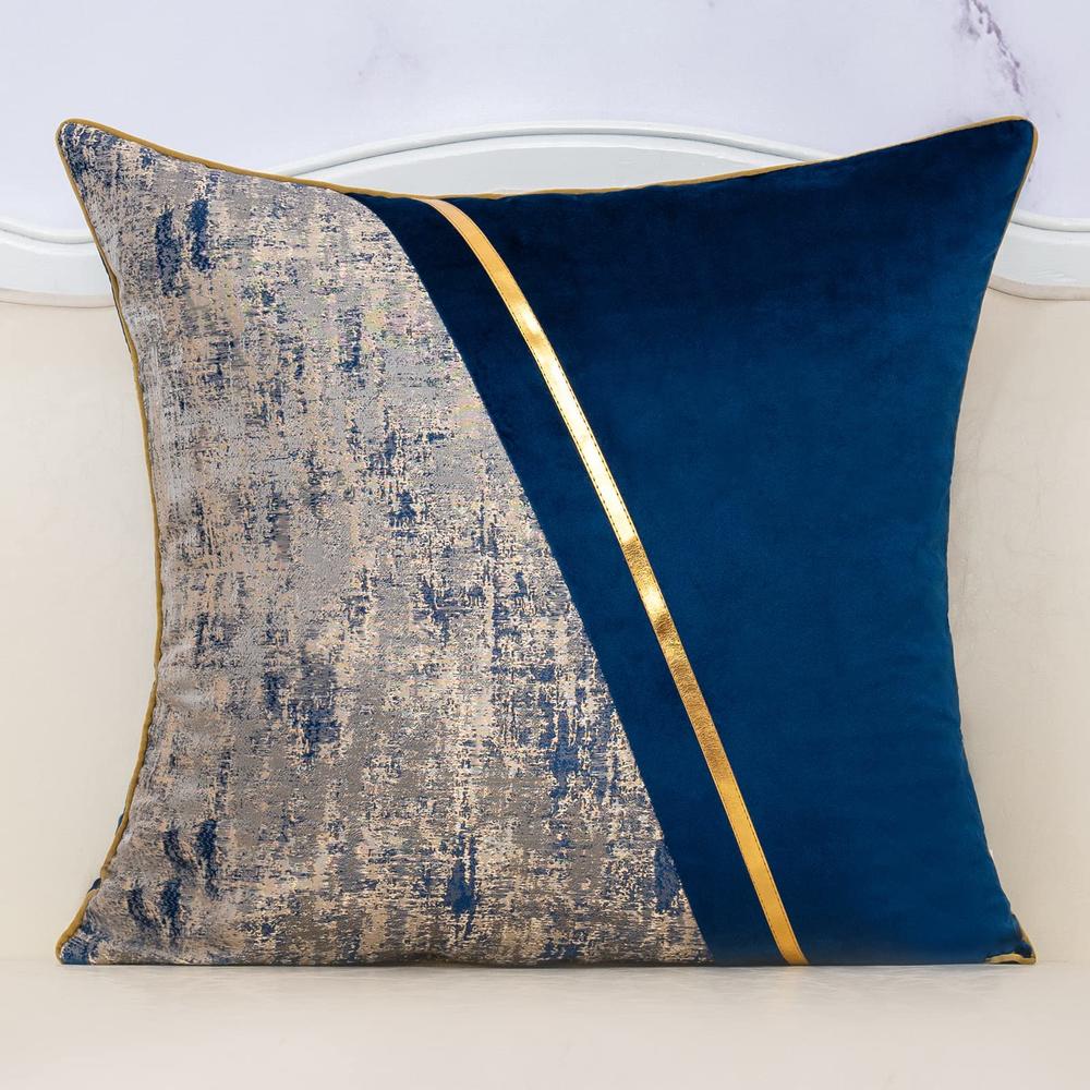 Alerfa 18 x 18 Inch Navy Blue Beige Gold Leather Patchwork Velvet & Polyester Cushion Case Luxury Modern Square Throw Pillow Cov