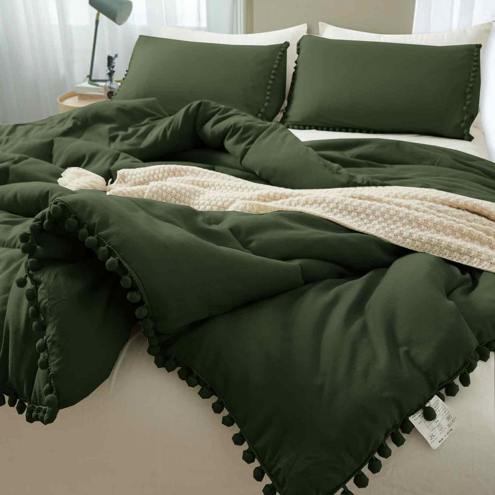 ETDIFFE Comforter Set King Size, 3 Piece Boho Pom Fring Bed Set, All Season Farmhouse Microfiber Down Alternative Bedding Comfor