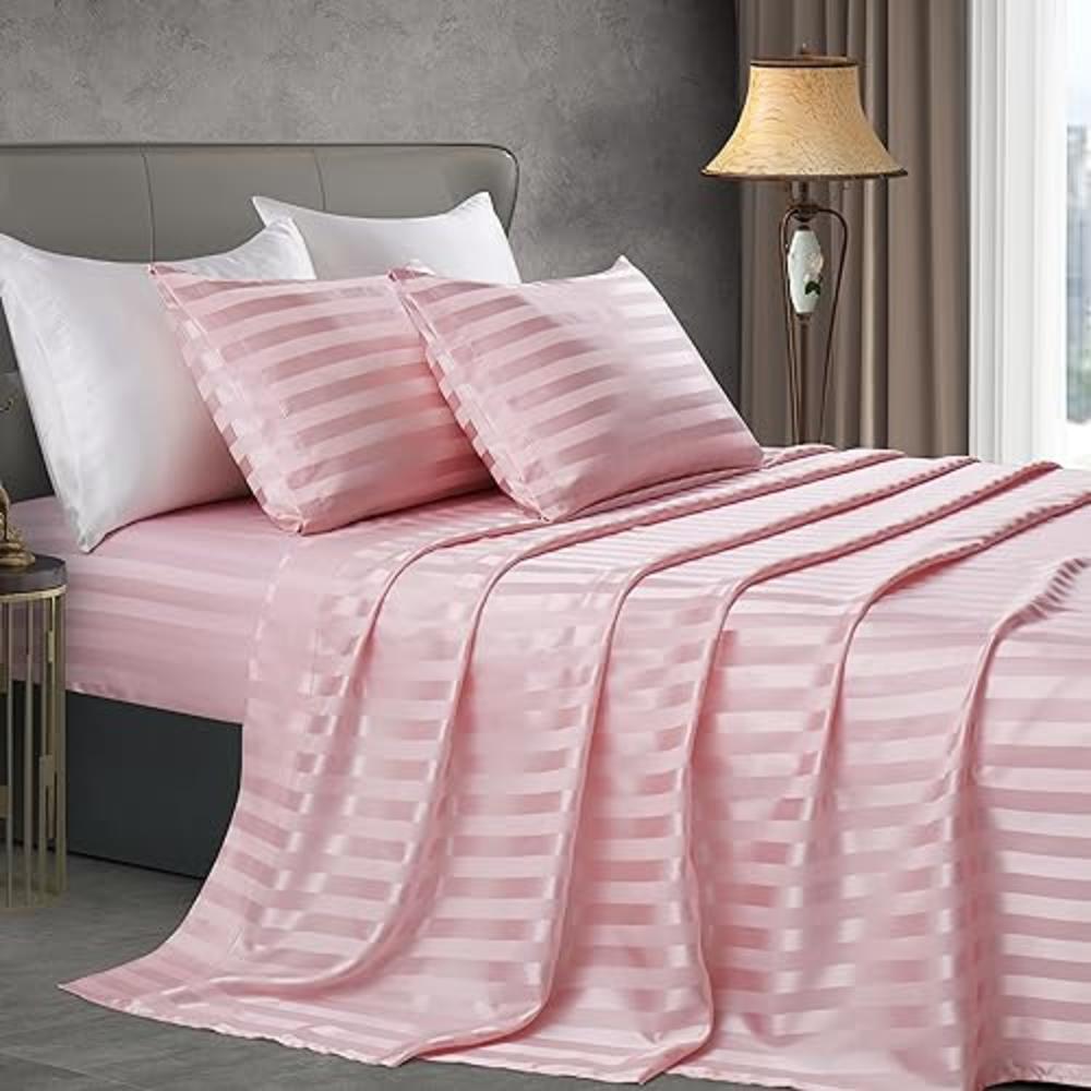 Manyshofu Blush Pink Satin Striped Sheets - 4Pcs Satin Sheets Queen Size, Cooling Silky Satin Bed Sheets Luxury Bedding Sheet Se