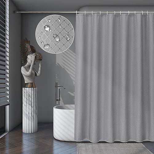 Beneyhome Extra Long Shower Curtain 72x96 Inches Height - Thick White Waffle Fabric Shower Curtain for Bathroom with Weighted He