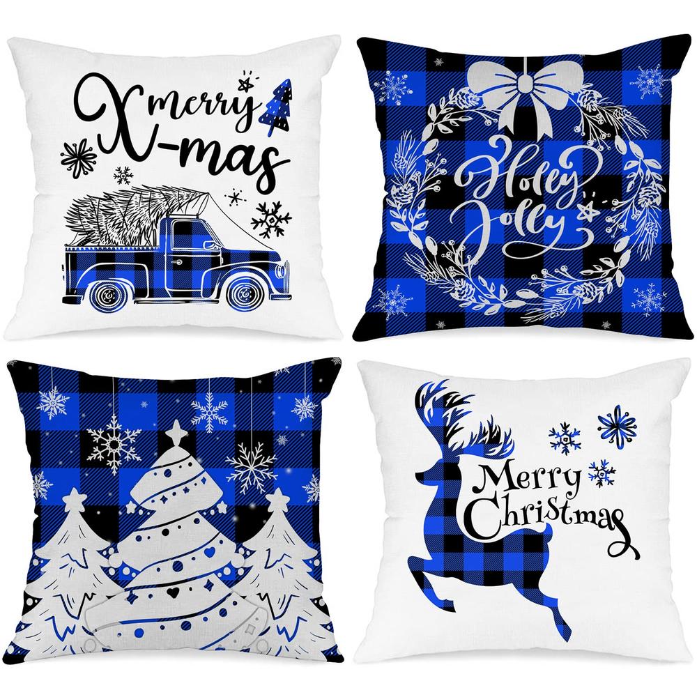 Lanpn Christmas Throw Pillow Covers 24x24 Set of 4, Decorative Holiday Farmhouse Merry Xmas 24 x 24 Buffalo Check Plaid Cushion 