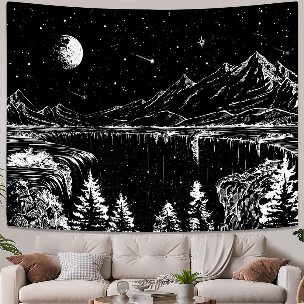 Zussun Black and White Tapestry Starry Night Mountain Tapestries for Bedroom Aesthetic Moon and Stars Tapastry's Wall Hanging Da
