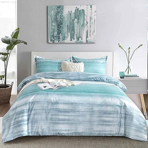 ETDIFFE Comforter Set King Size, 3pc Teal Grey and Blue Gradient Striped Pattern Bedding Set - Modern Soft & Lightweight All Sea