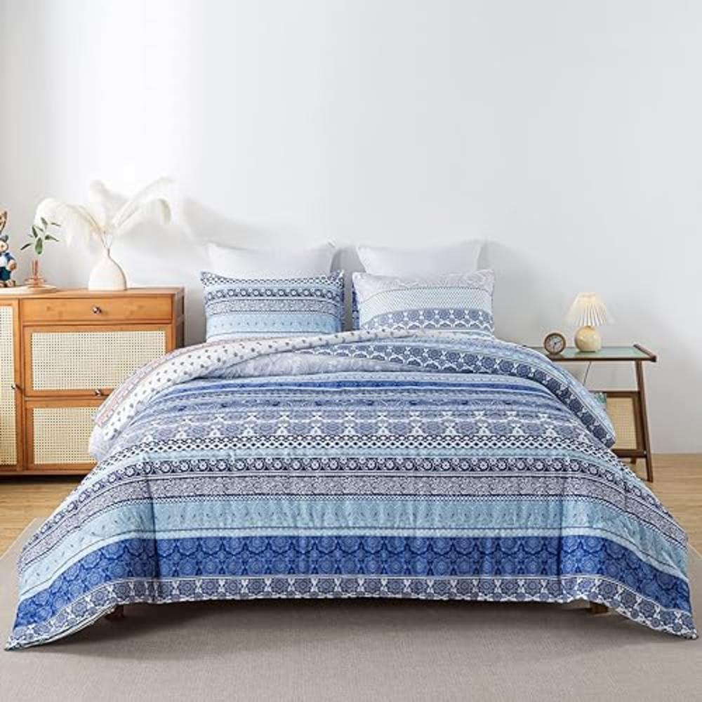 Caressma Boho Comforter Set King, 3 Pieces All Season Reversible Bohemian Comforter Set,Ultra Soft Microfiber Bedding Set, Blue 