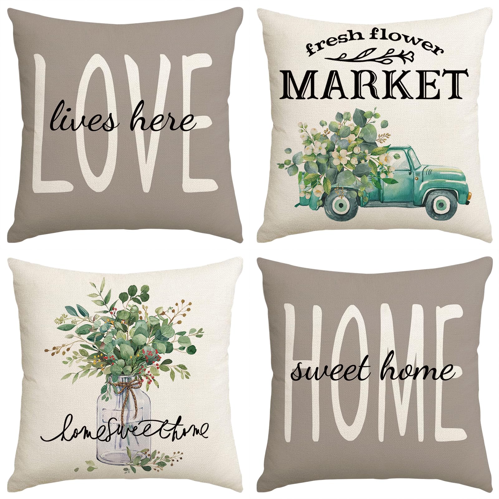 fokusent Farmhouse Pillow Covers 18x18 Set of 4 Summer Outdoor Pillowcases Truck Vase Linen Cushion Case Gifts for Sofa Couch Ho