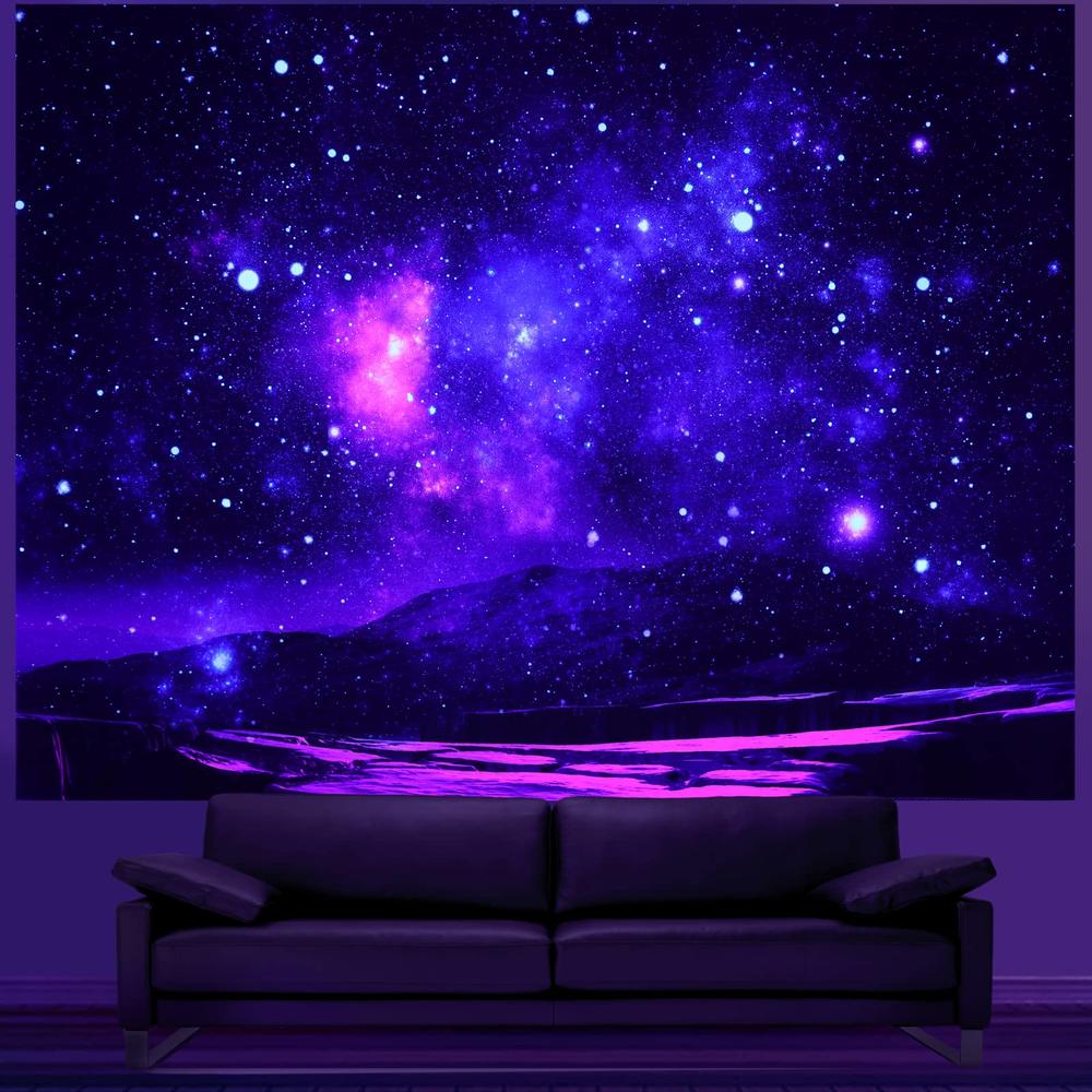 HoneyDec Blacklight Blue Space Wall Tapestry,Large Purple Galaxy Black Light Tapestries Backdrop Hanging Tapestrys Party Decor F