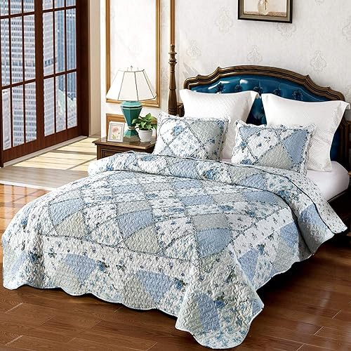VIVILINEN Blue Patchwork Quilt Set King Size Reversible Quilted Bedspread Coverlet 3-Piece Floral Lightweight Comforter Stitched