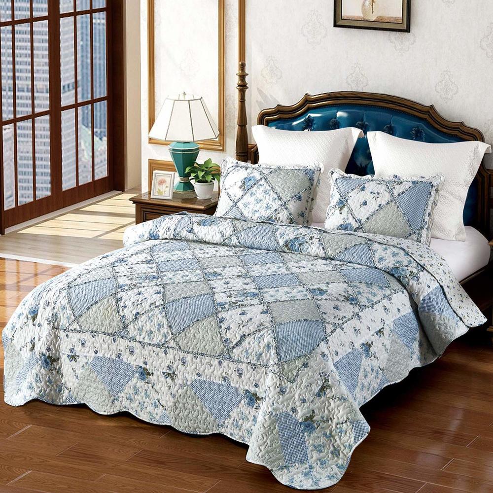 VIVILINEN Blue Patchwork Quilt Set King Size Reversible Quilted Bedspread Coverlet 3-Piece Floral Lightweight Comforter Stitched