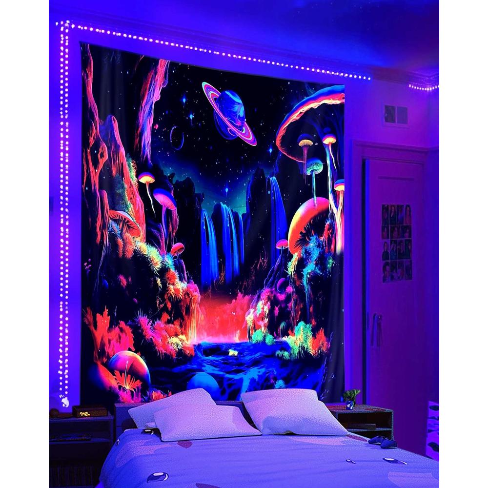 ADDWel Blacklight Mushroom Planet Tapestry, Black Fantastic Tapestry ...