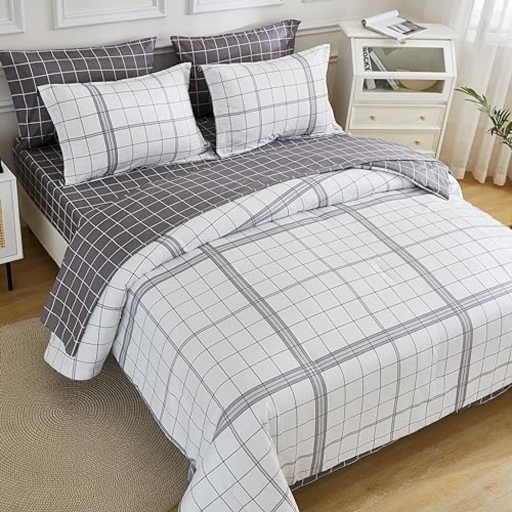 EMME Twin Comforter Set 5 Piece Bed in A Bag, White Plaid Microfiber Bedding Comforter with Sheets, Ultra Soft Comfortable Beddi