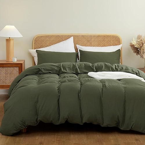 ATsense Duvet Cover King Size, Super Soft 100% Washed Microfiber 3 Piece Olive Green Comforter Cover Bedding Set with Zipper Clo