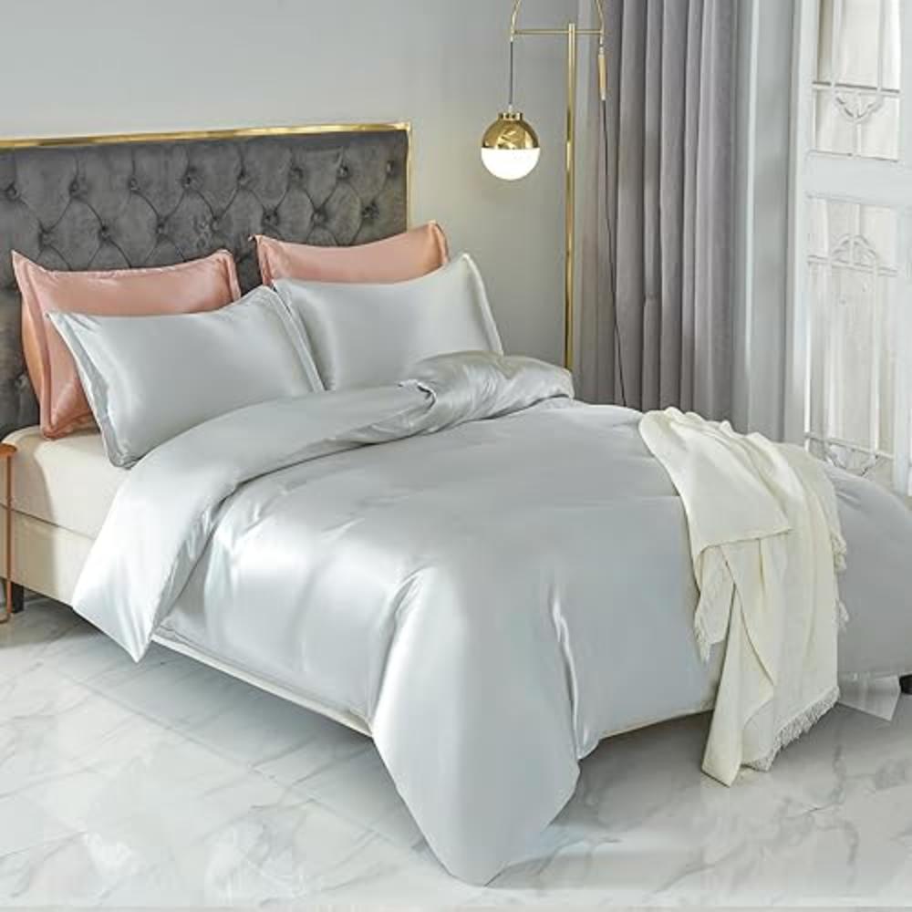 HOdo Home Satin Duvet Cover Queen Size, 3 Piece Silk Like Comforter Cover, Ultra Soft and Breathable Bedding Set with Zipper Clo