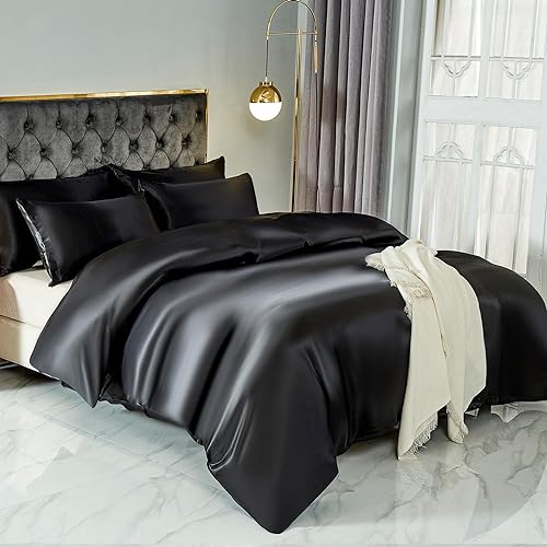HOdo Home Satin Duvet Cover Queen Size, 5 Piece Silk Like Comforter Cover, Ultra Soft and Breathable Bedding Set with Zipper Clo