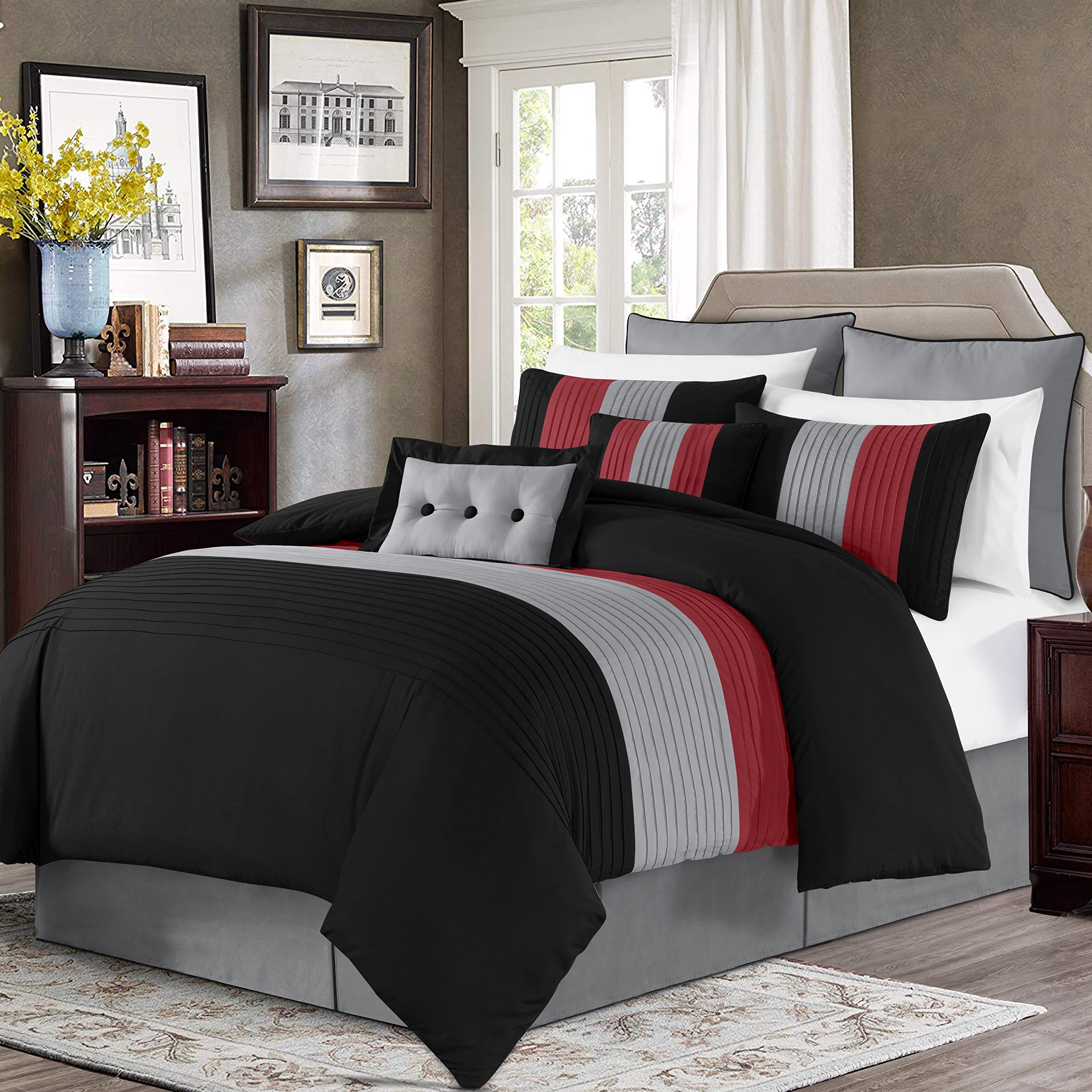 Chezmoi Collection Loft 8-Piece Luxury Striped Comforter Set (King Red/Black /Gray), image size:2560x2560