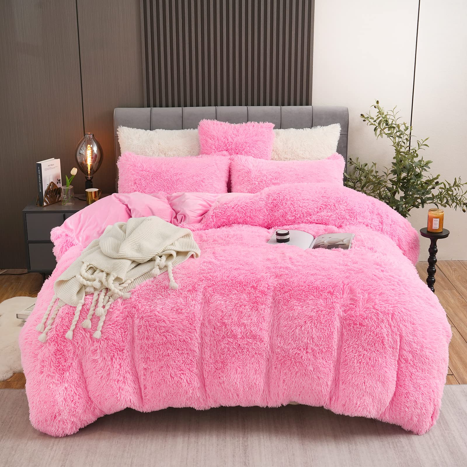 BLEUM CADE Fluffy Plush Pink Duvet Cover Set Twin Size, Luxury Soft Velvet Fuzzy Comforter Cover Bed Sets 3Pcs(1 Faux Fur Duvet Cover + 1 P