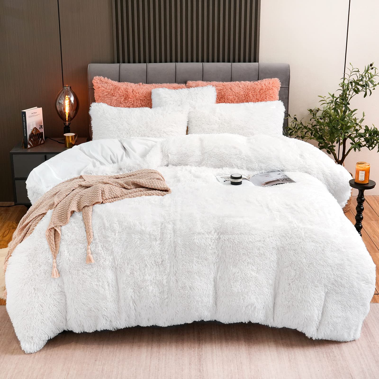 BLEUM CADE Fluffy Plush White Duvet Cover Set Twin Size, Luxury Ultra Soft Velvet Fuzzy Comforter Cover Bed Sets 3Pcs(1 Faux Fur Duvet Cove