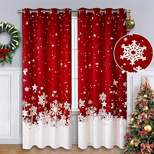 CAROMIO Christmas Curtains for Living Room 4 Panels, Velvet Red Window Curtains 95 Inches Long for Bedroom, Floral Snowflake Dec