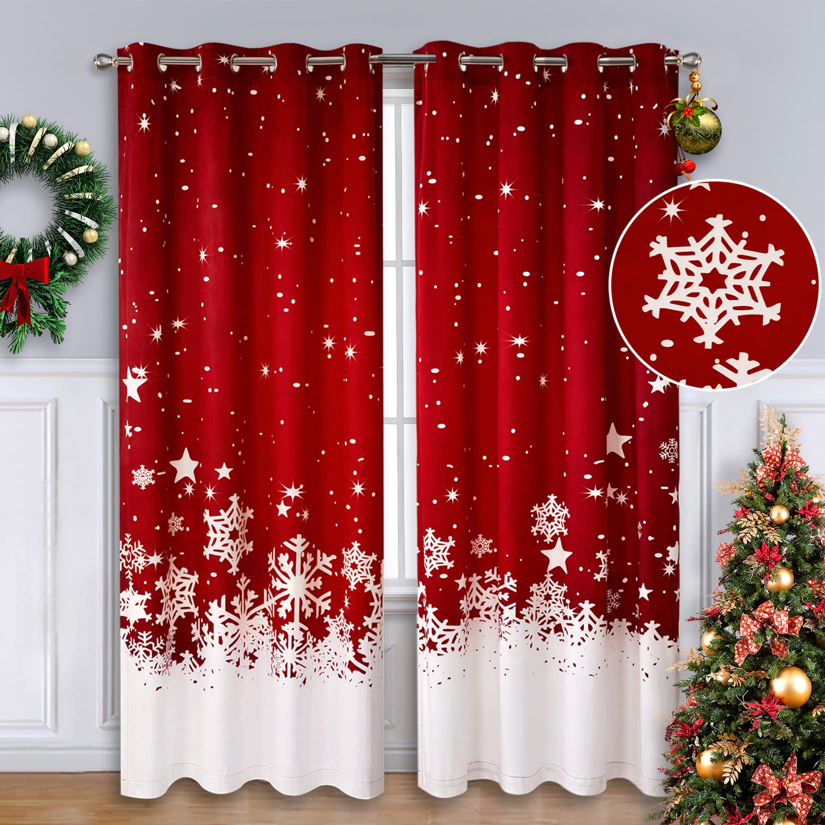 CAROMIO Christmas Curtains for Living Room 4 Panels, Velvet Red Window Curtains 95 Inches Long for Bedroom, Floral Snowflake Dec