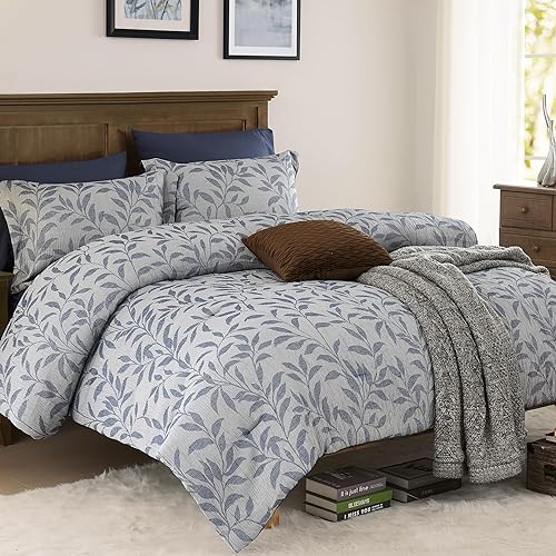 MaiRve MaiRêve Queen Comforter Set 7 Piece, Printed Leaves Crinkle Greyish Blue Comforter Set Queen,Queen Bed in a Bag,Queen Bed Comfor