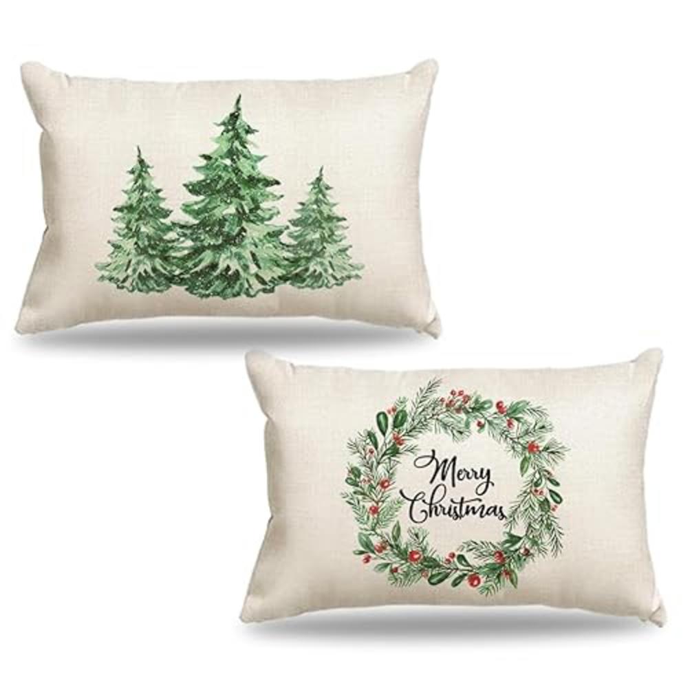 CARRIE HOME Green Christmas Decorations Green Christmas Tree & Wreath Lumbar Pillow Covers 12x20 Set of 2, Farmhouse Christmas D