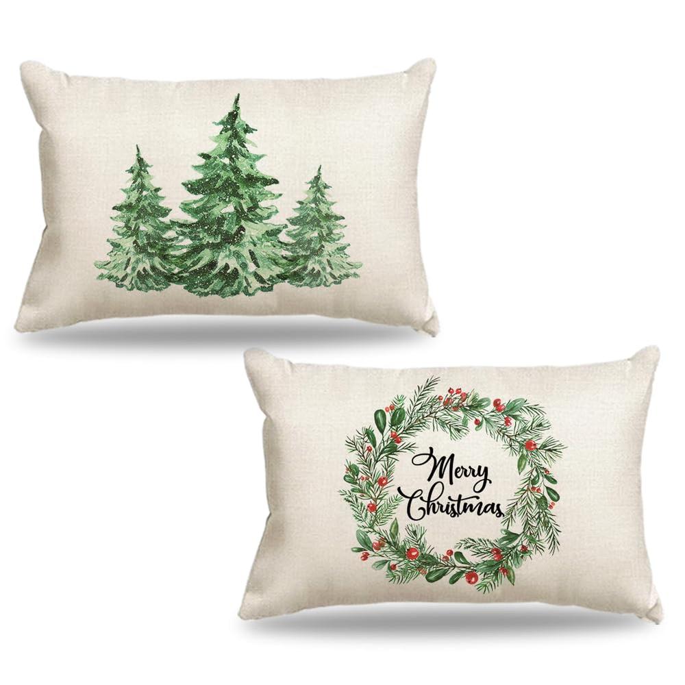 CARRIE HOME Green Christmas Decorations Green Christmas Tree & Wreath Lumbar Pillow Covers 12x20 Set of 2, Farmhouse Christmas D