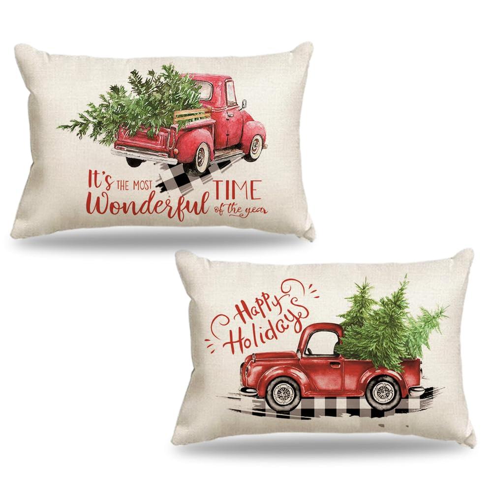 CARRIE HOME 12x20 Christmas Lumbar Pillow Covers Set of 2 Red Truck Outdoor Christmas Decorations for Porch, 12 x 20 Christmas P