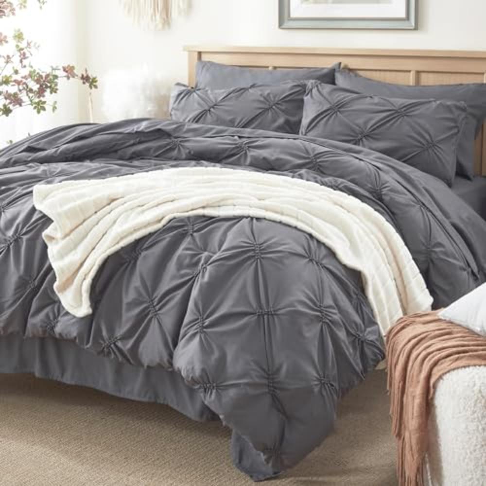 Anluoer Twin Comforter Set 5 Piece, Pintuck Dark Grey Bed in a Bag with Sheets, Pinch Pleat Complete Bedding Sets with 1 Comfort